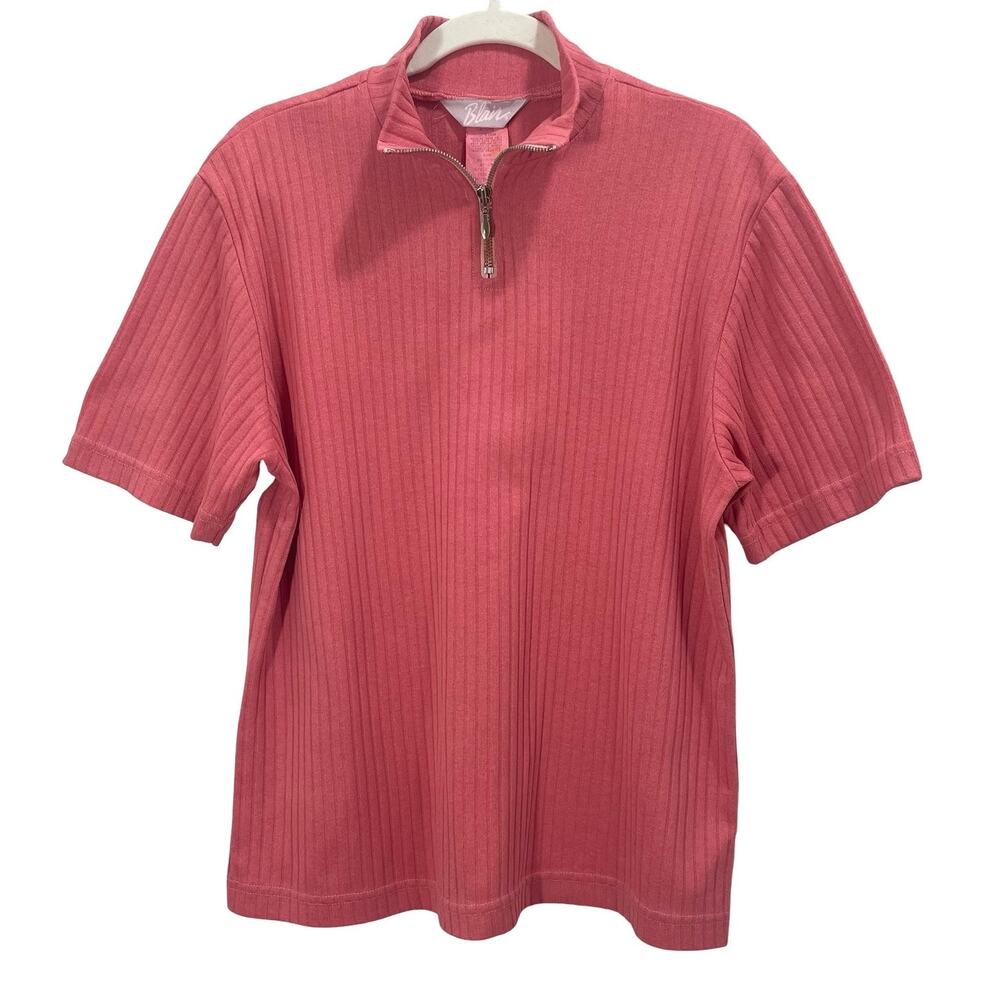 Vintage 80s Blair Pink Quarter Zip Knit Sweater Top Collared Preppy Medium